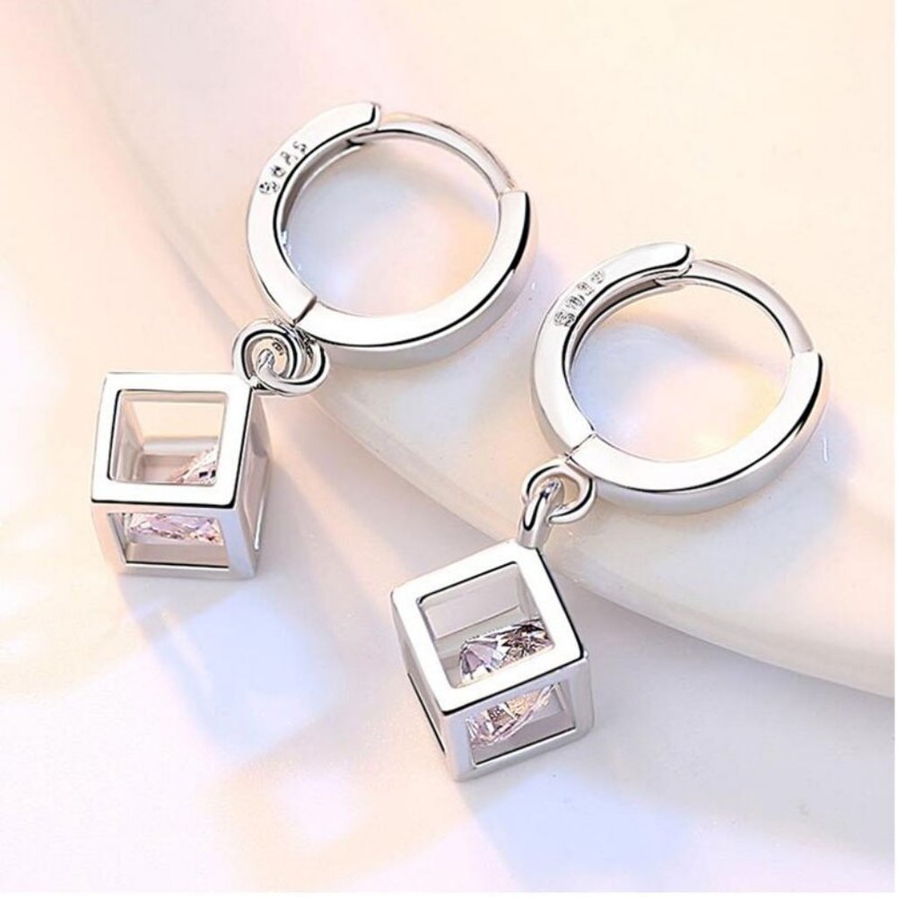 NEW Sterling Silver Diamond Cube Hoop Earrings
